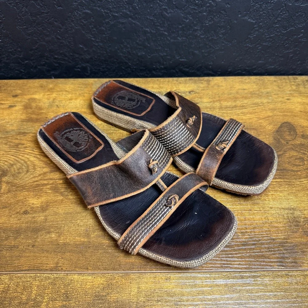Timberland Leather Jute Wedge Brown Leather Slide Sandals Womens 8.5‎